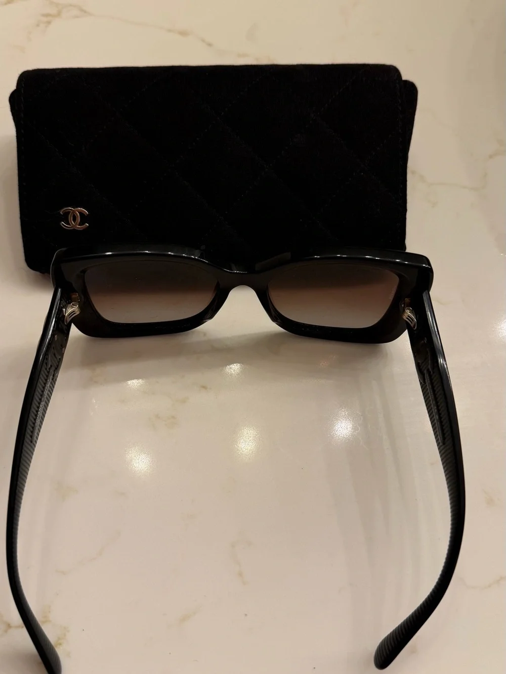 CHANEL Black Square Sunglasses with Gold CC Logos and Quilted Case